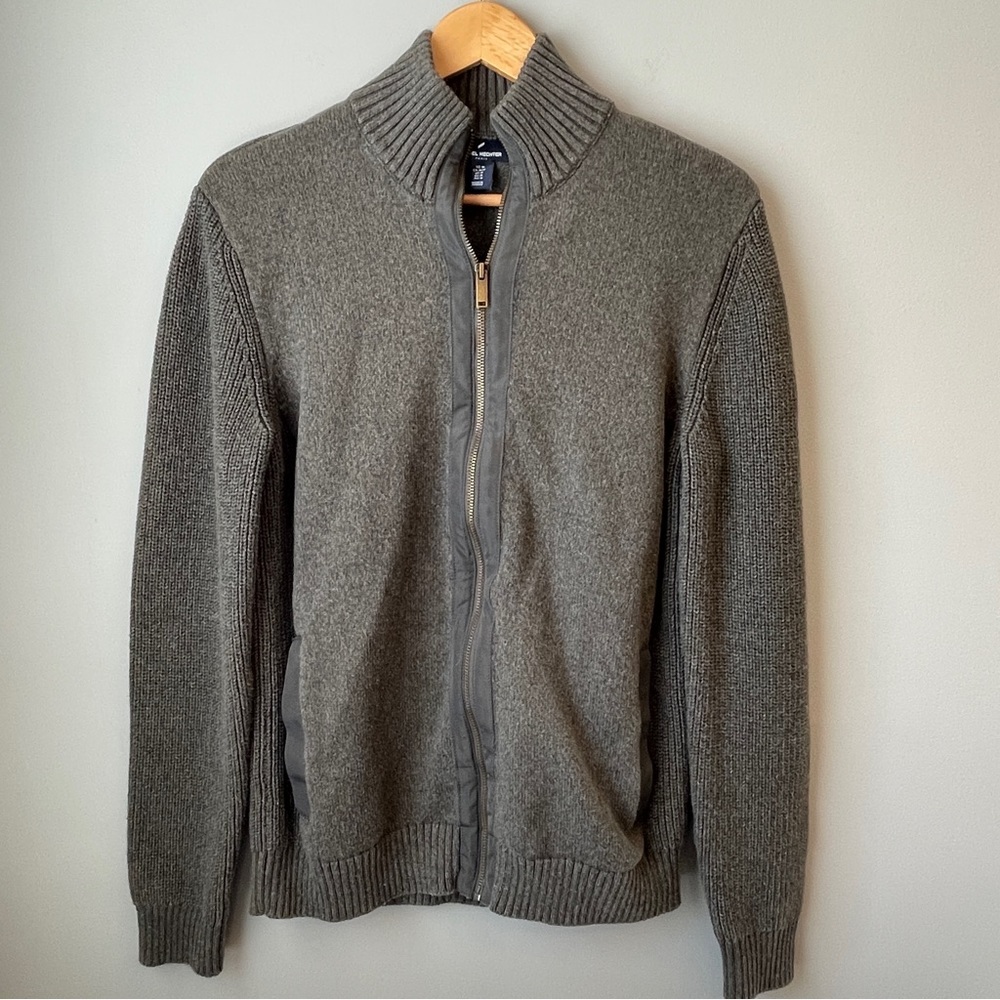 Daniel Hechter Zip Front Cotton Knit Cardigan Pine Green Mock Neck Size Medium